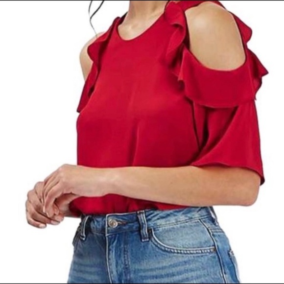 TopShop Cold Shoulder Top Ruffle Red 6 - Picture 1 of 13